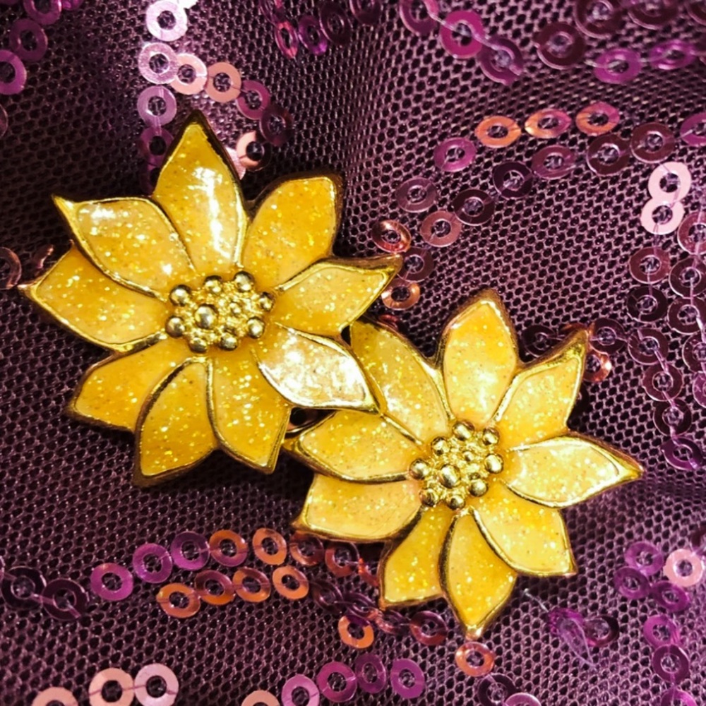 Versatile poinsettia golden glittered flower clip on earrings